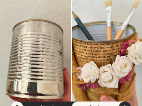 Upcycling créatif : transformation d'une simple boîte de conserve en un pot décoratif orné de fleurs et de tissu.
