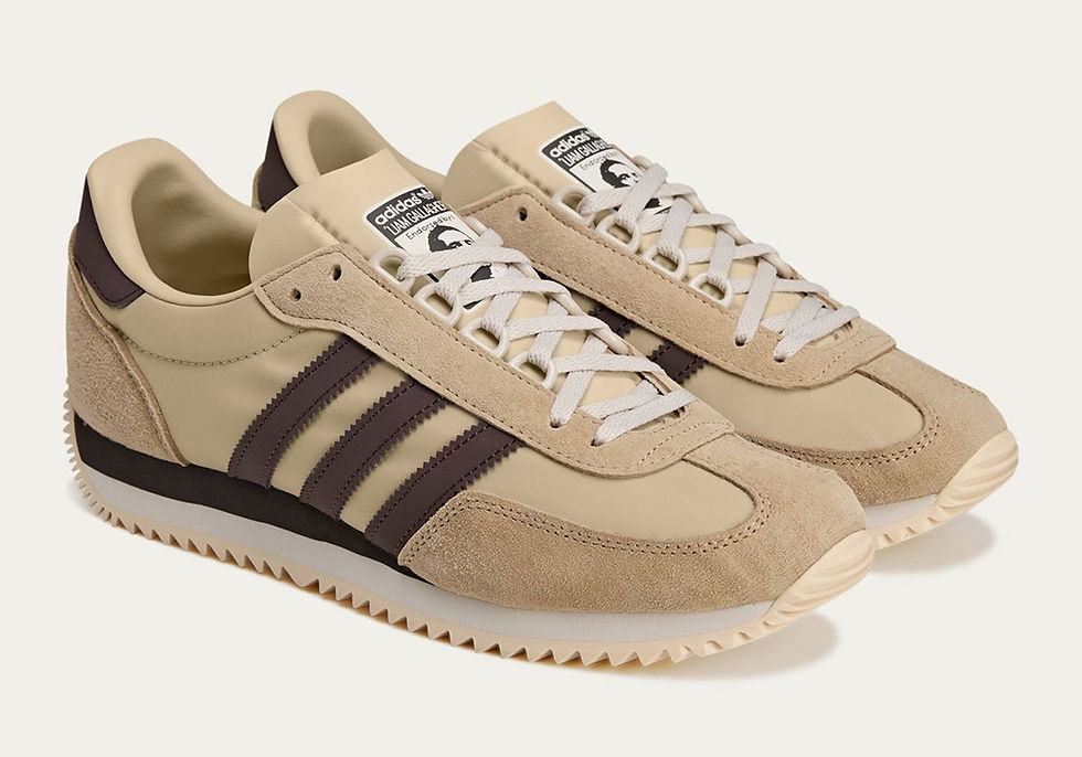 Bej ve kahverengi spor ayakkabılar, beyaz bağcıklı ve krem tabanlı olarak beyaz arka planda öne çıkıyor. Üzerinde "adidas" etiketi var.