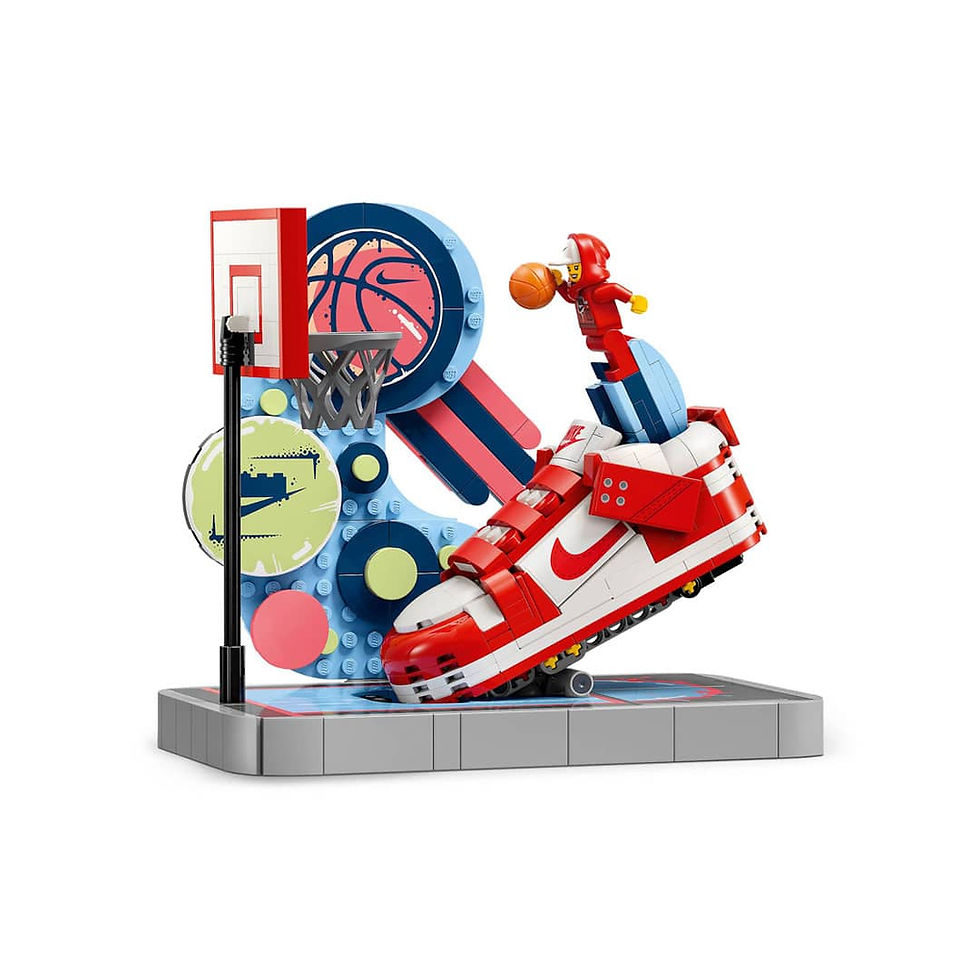 LEGO set with a red and white sneaker, mini basketball player dunking, colorful background with basketball hoop, Nike logo visible. Energetic vibe.