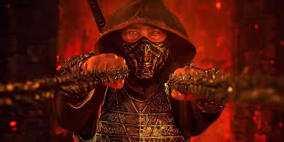a samurai with a face mask, red background. 