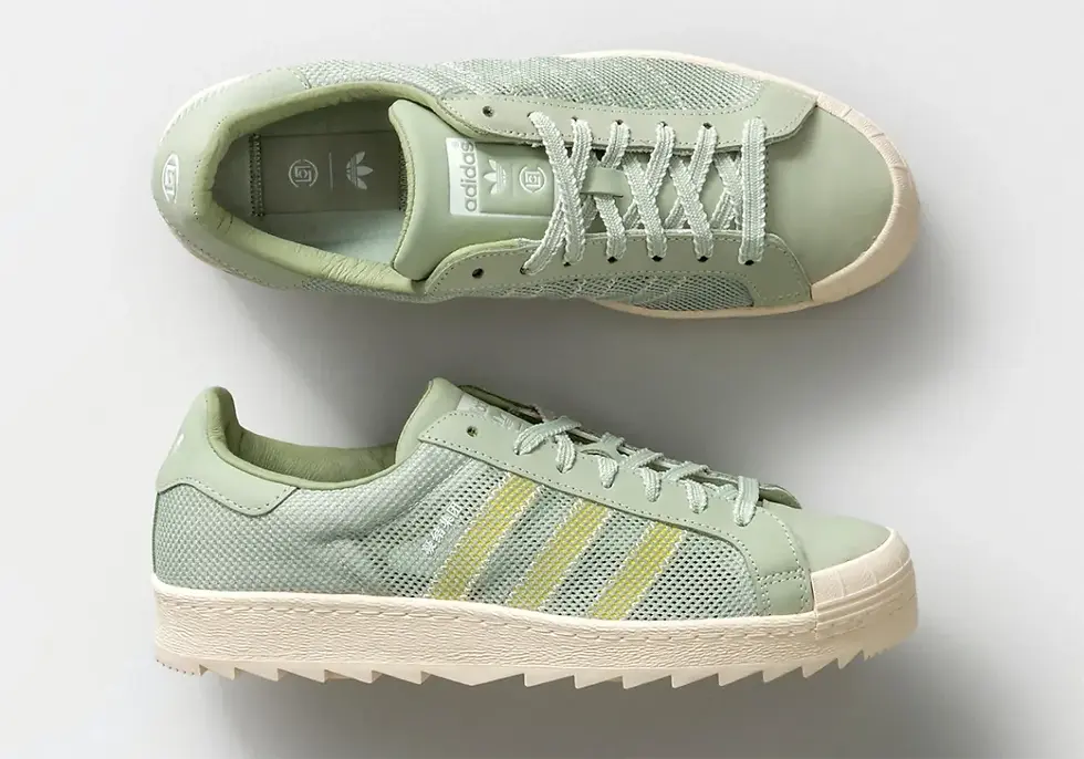 mint colored clot and adidas shoe superstar breathe model