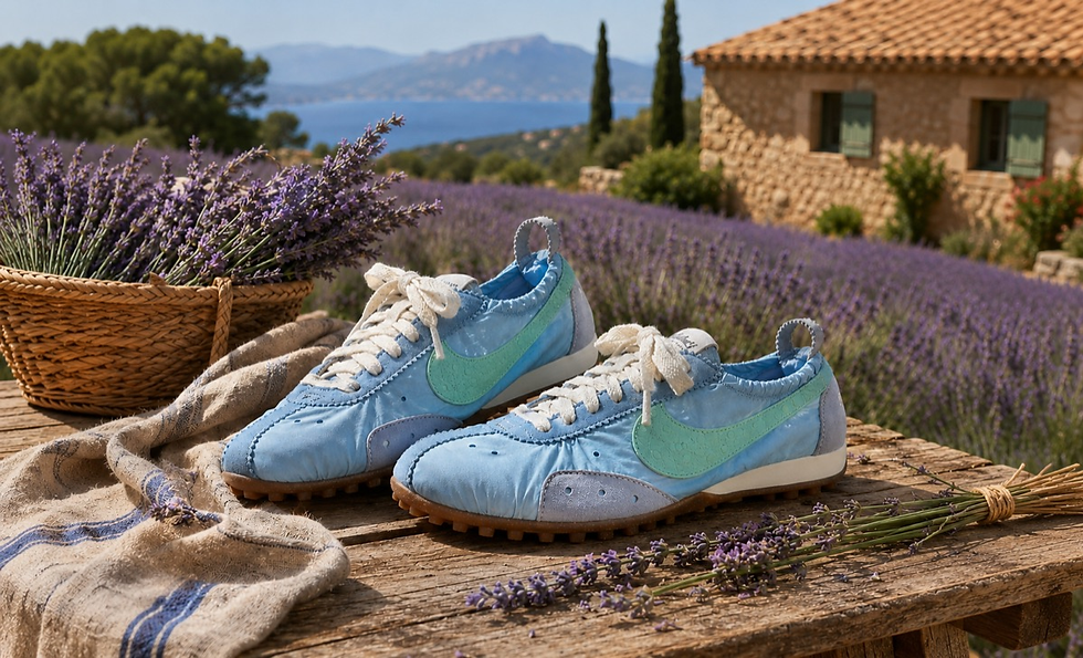 Lavanta tarlası önünde masada açık mavi Nike spor ayakkabılar, sepet ve kır evi; huzurlu yaz manzarası.
