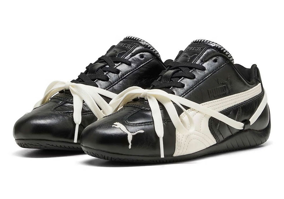 Siyah deri spor ayakkabılar, beyaz şerit ve bağcıklarla. Ayakkabının üstünde küçük beyaz bir kedi logosu bulunuyor.