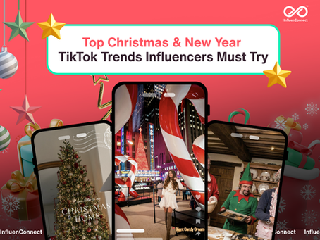 Festive image with a red background showing three smartphone screens featuring trending TikTok Christmas and New Year content, with the headline "Top Christmas & New Year TikTok Trends Influencers Must Try" and InfluenConnect branding.