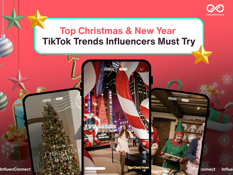 Festive image with a red background showing three smartphone screens featuring trending TikTok Christmas and New Year content, with the headline "Top Christmas & New Year TikTok Trends Influencers Must Try" and InfluenConnect branding.