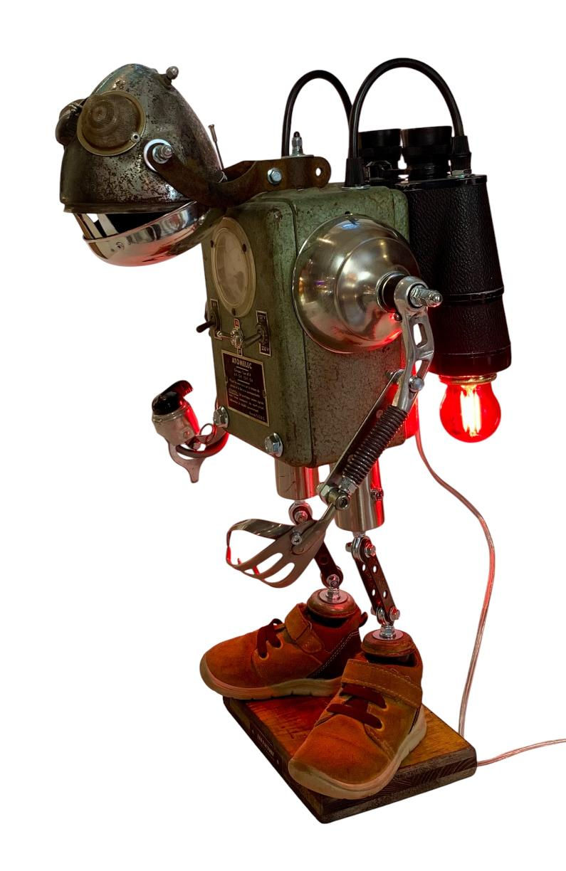 Miniature : Robot lampe sur socle en bois