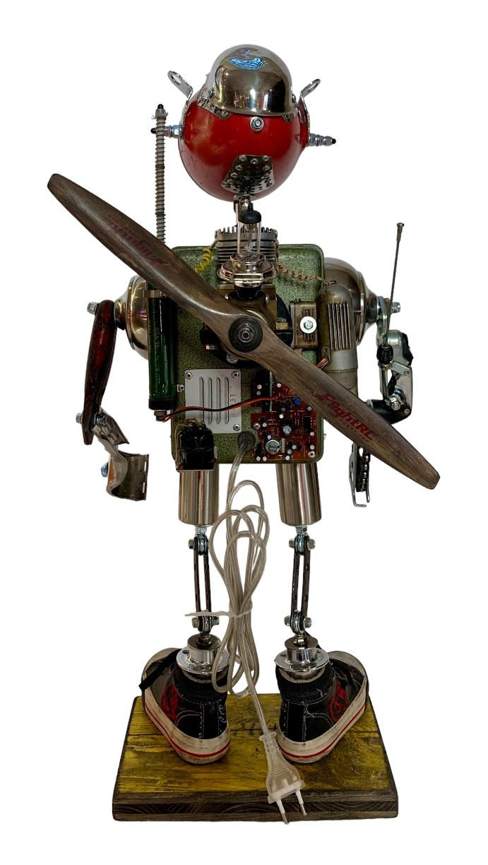 Miniature : Robot lampe sur socle en bois