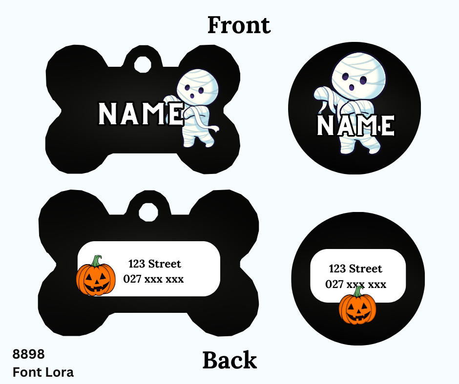 Black Halloween Tag with a Cute Bandaged Zombie on the front and pumpkin on the