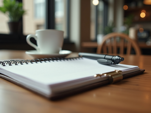 Notebook and pen on wooden table representing social media strategy for law and finance firms