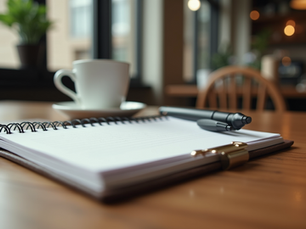 Notebook and pen on wooden table representing social media strategy for law and finance firms