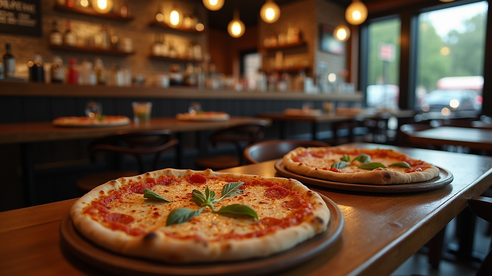 High angle view of a cozy pizza restaurant interior with wooden tables and New York style pizza on plates