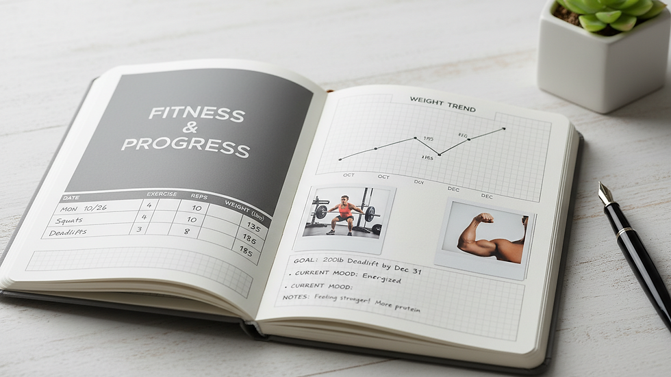 Close-up view of a fitness journal with workout notes and progress tracking