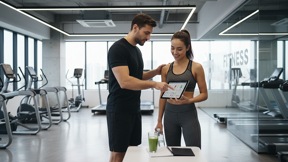 Eye-level view of a fitness coach adjusting a client’s workout plan