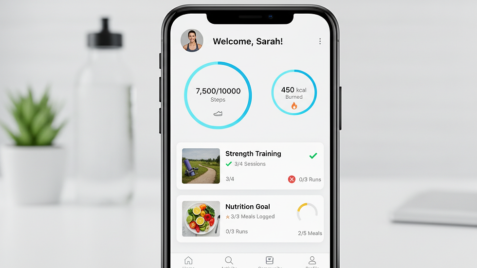 Close-up view of a smartphone screen showing a personalized fitness app dashboard