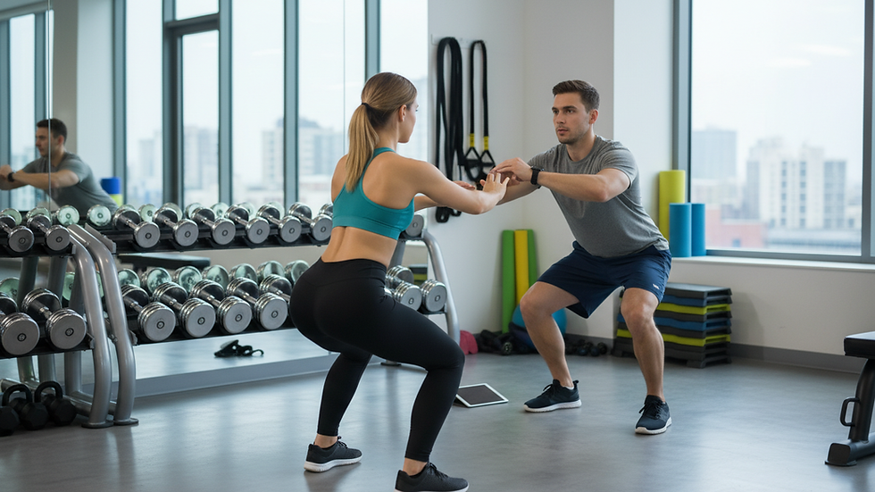 Eye-level view of a fitness trainer demonstrating exercise form to a client
