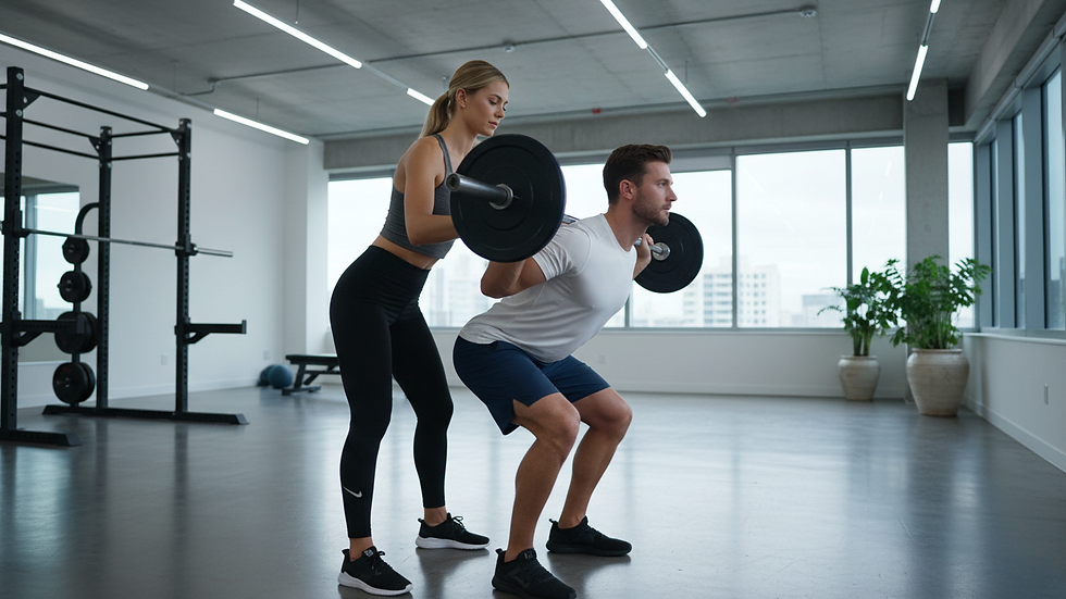 Eye-level view of a fitness coach adjusting a client’s posture during a workout