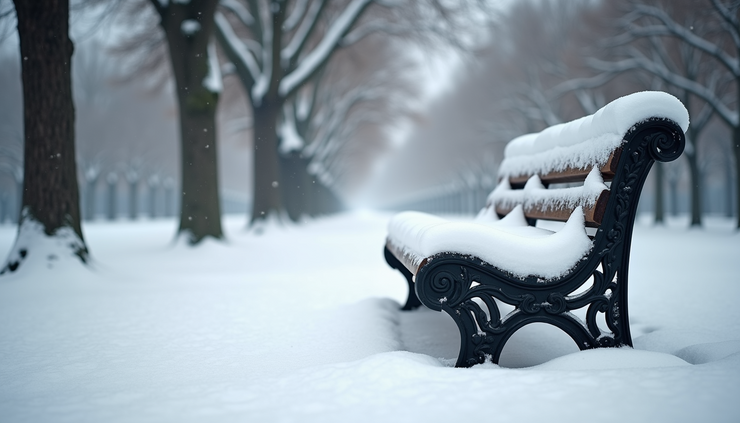 Eye-level view of a snow-covered park bench under bare trees in winter