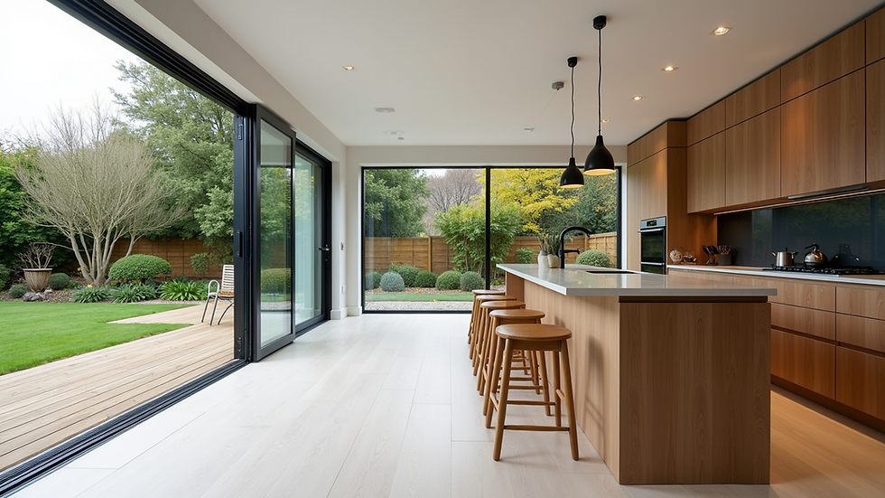 Wide angle view of a spacious single-storey rear extension with open-plan kitchen