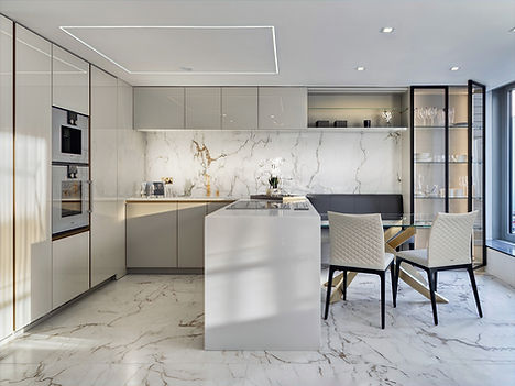 Luxurious open plan kitchen marble floor