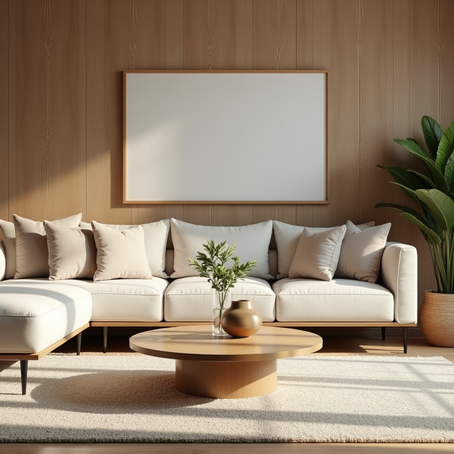 A living room with a neutral colour palette showcasing timeless design elements.