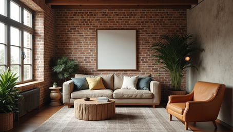 Living room showcasing London design trends with exposed brick and vintage furniture