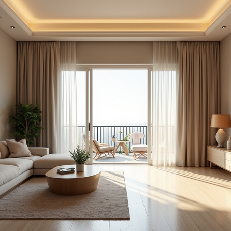 An elegantly furnished living room showcases optimal use of space.