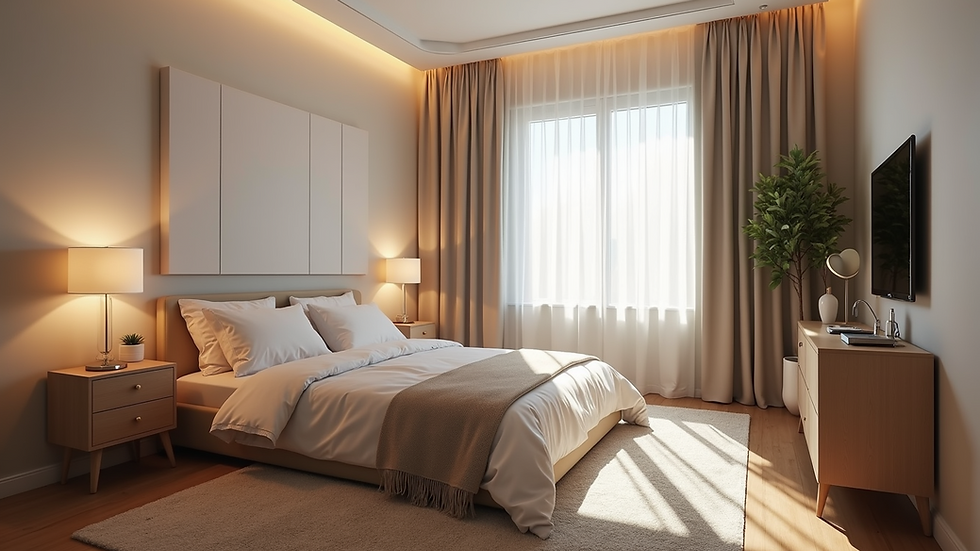 High angle view of a bedroom with 3D rendered decor and lighting