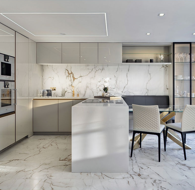 a Italian exclusive kitchen with a bar stool and a table from a high end Italian brand