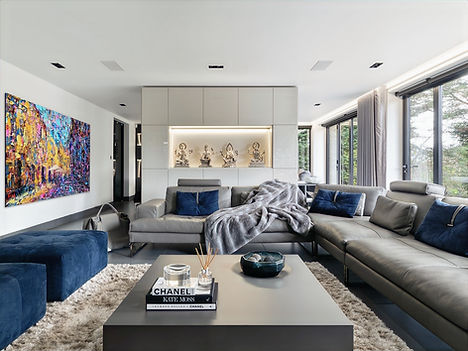 Italian bespoke designed Living room with colourful artwork