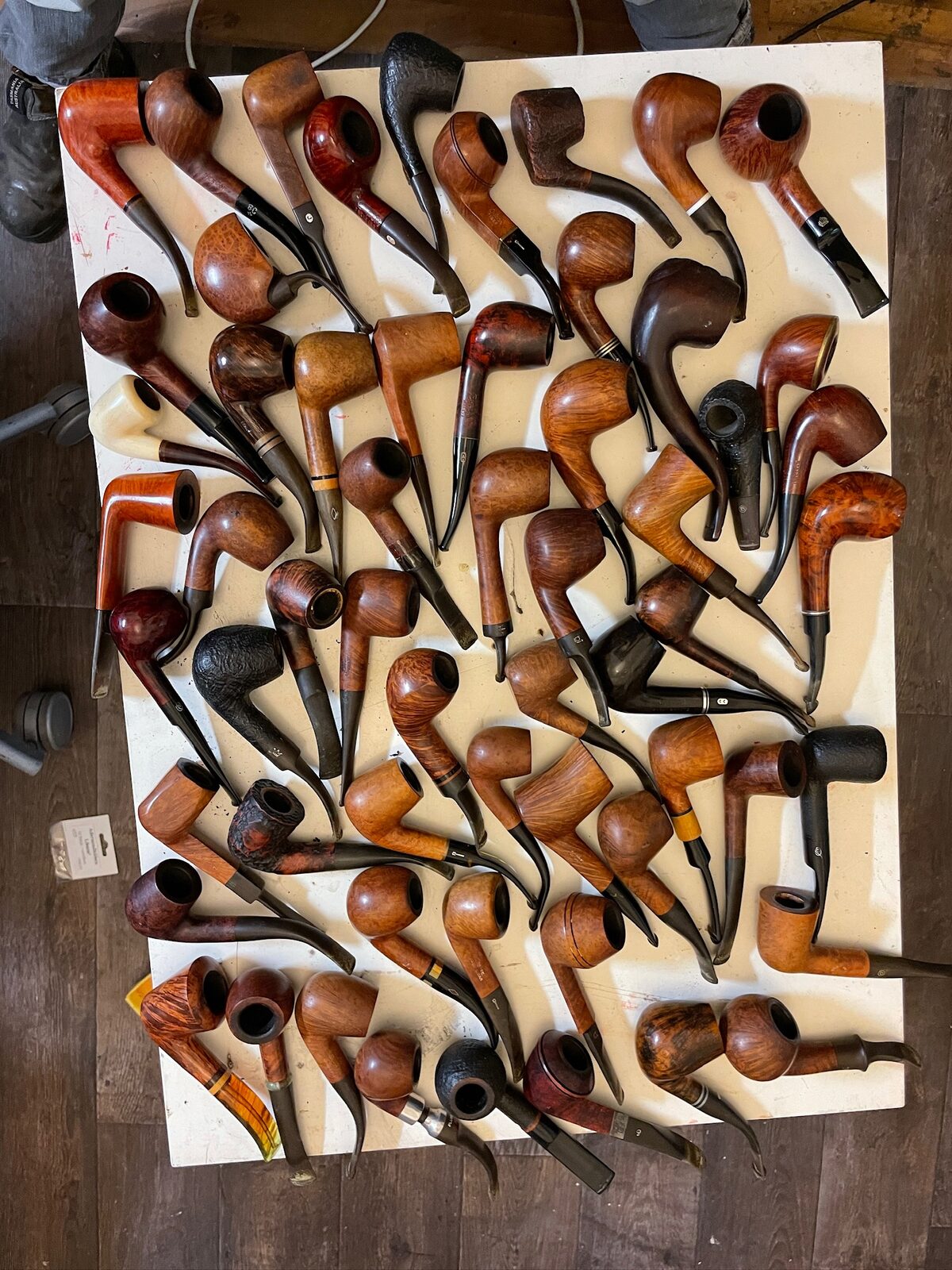 Pappa's Pipe before: The pipe collection laid out on a sheet