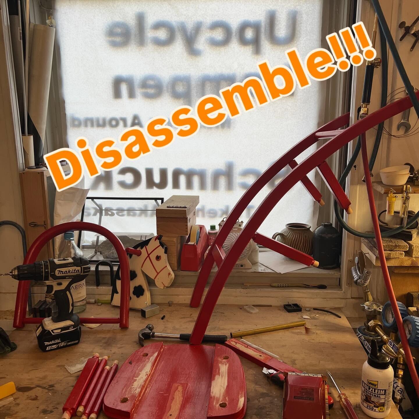Story frame: the chair taken apart on the bench, captioned Disassemble