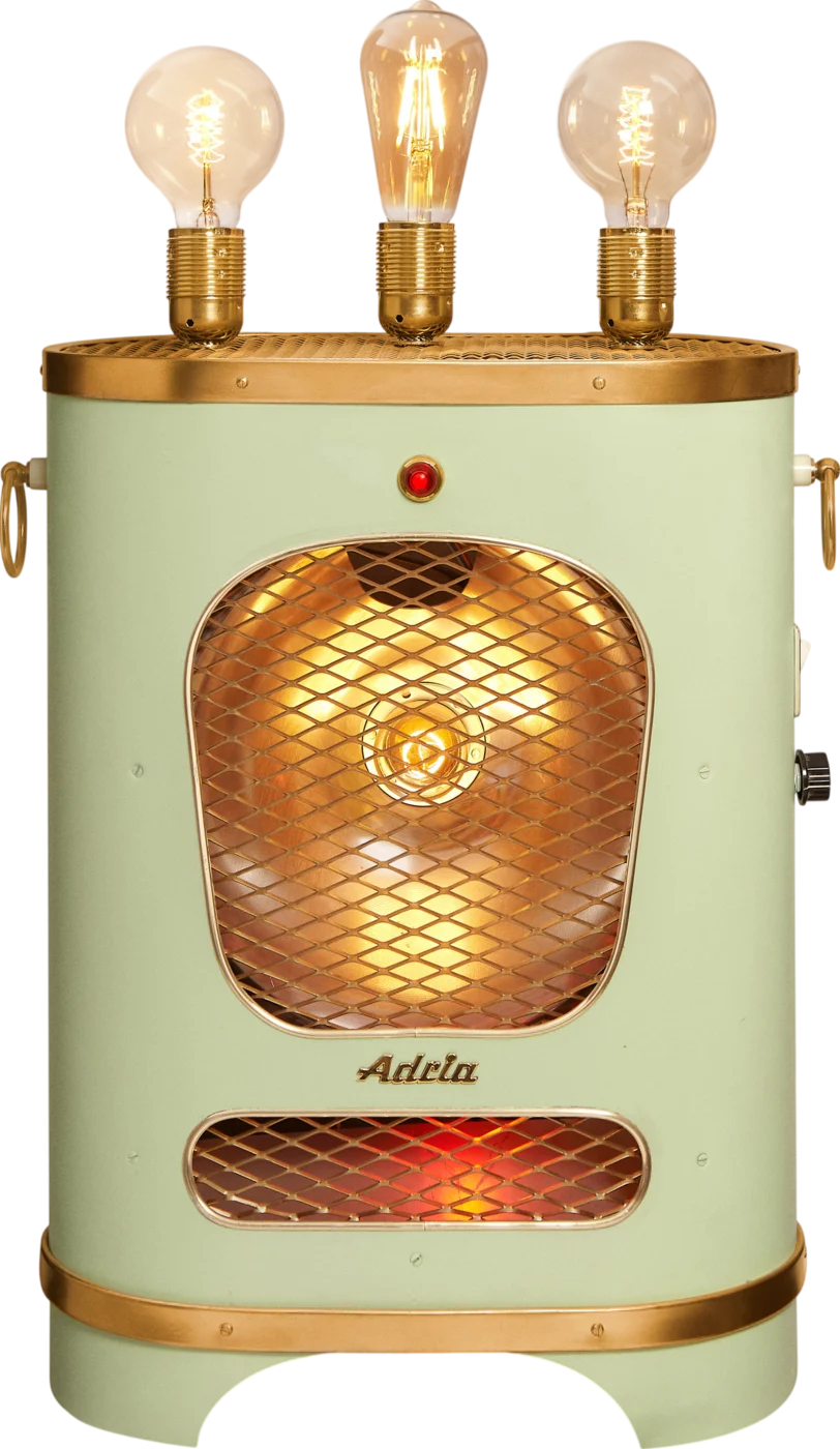 Green Heater, Once a 1950s heater, now a floor lamp.