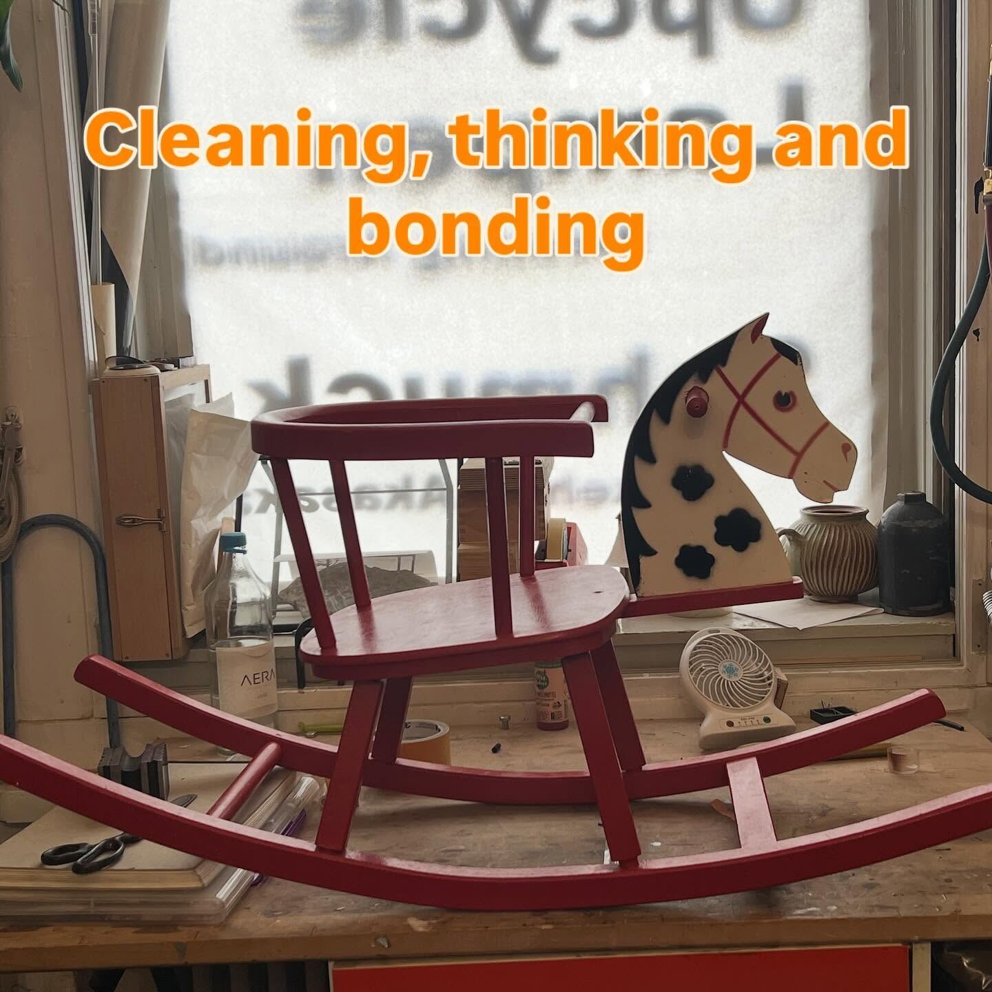 Story frame: the horse and chair parts, captioned Cleaning, thinking and bonding