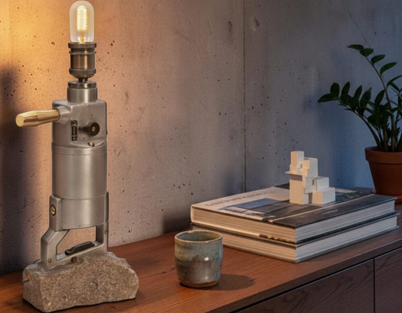 DDR SDS Drill Lamp in a staged room: On a studio reception desk, 56 cm tall.