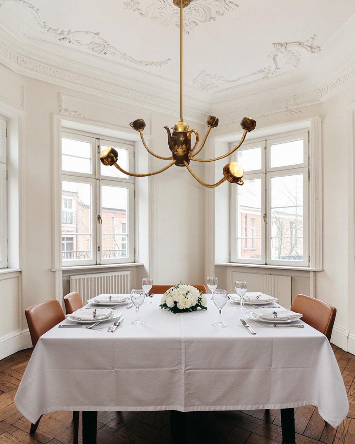 The Empress in a staged Altbau dining room, high over a set table, in daylight