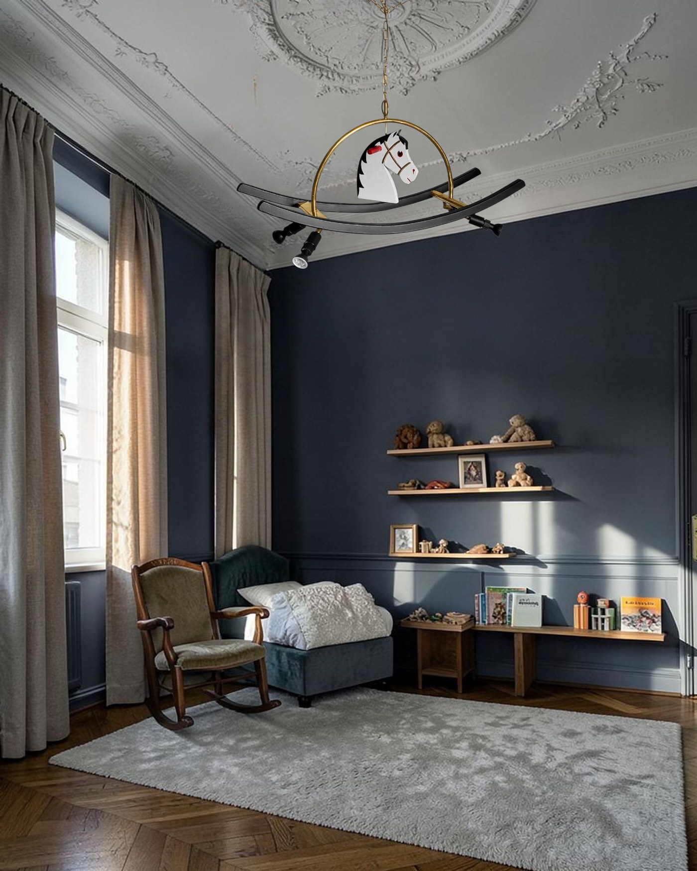 Horse Lamp in a staged room: In a child's bedroom with a high Altbau ceiling.