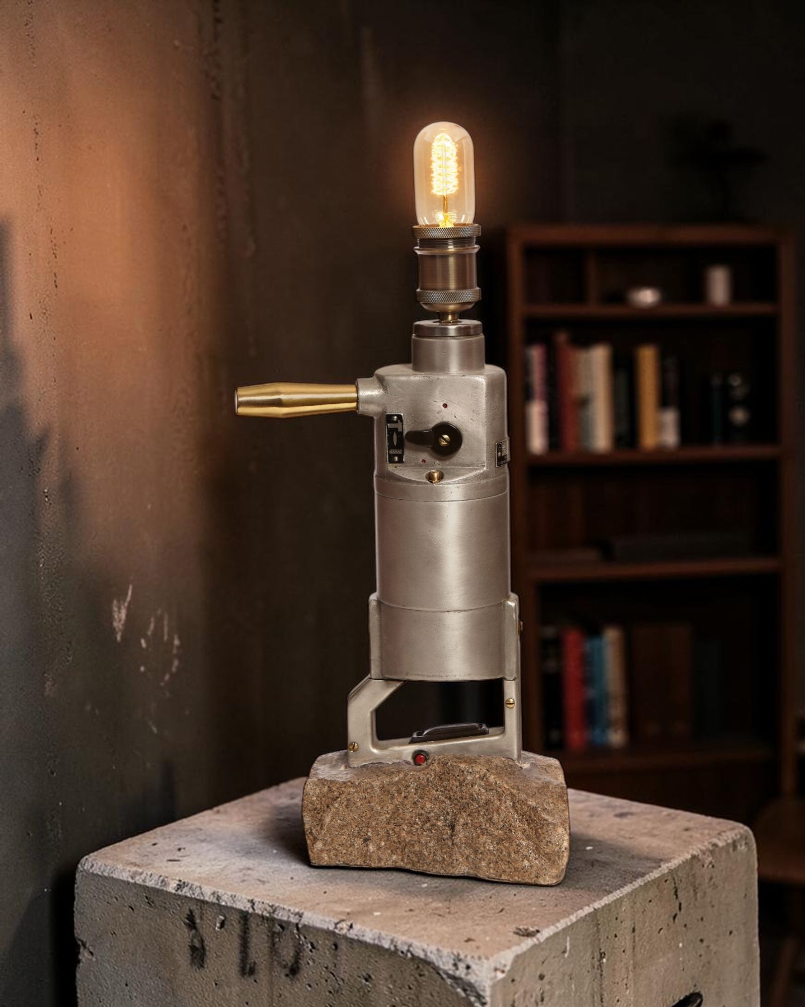 DDR SDS Drill Lamp on a concrete plinth beside a bookshelf