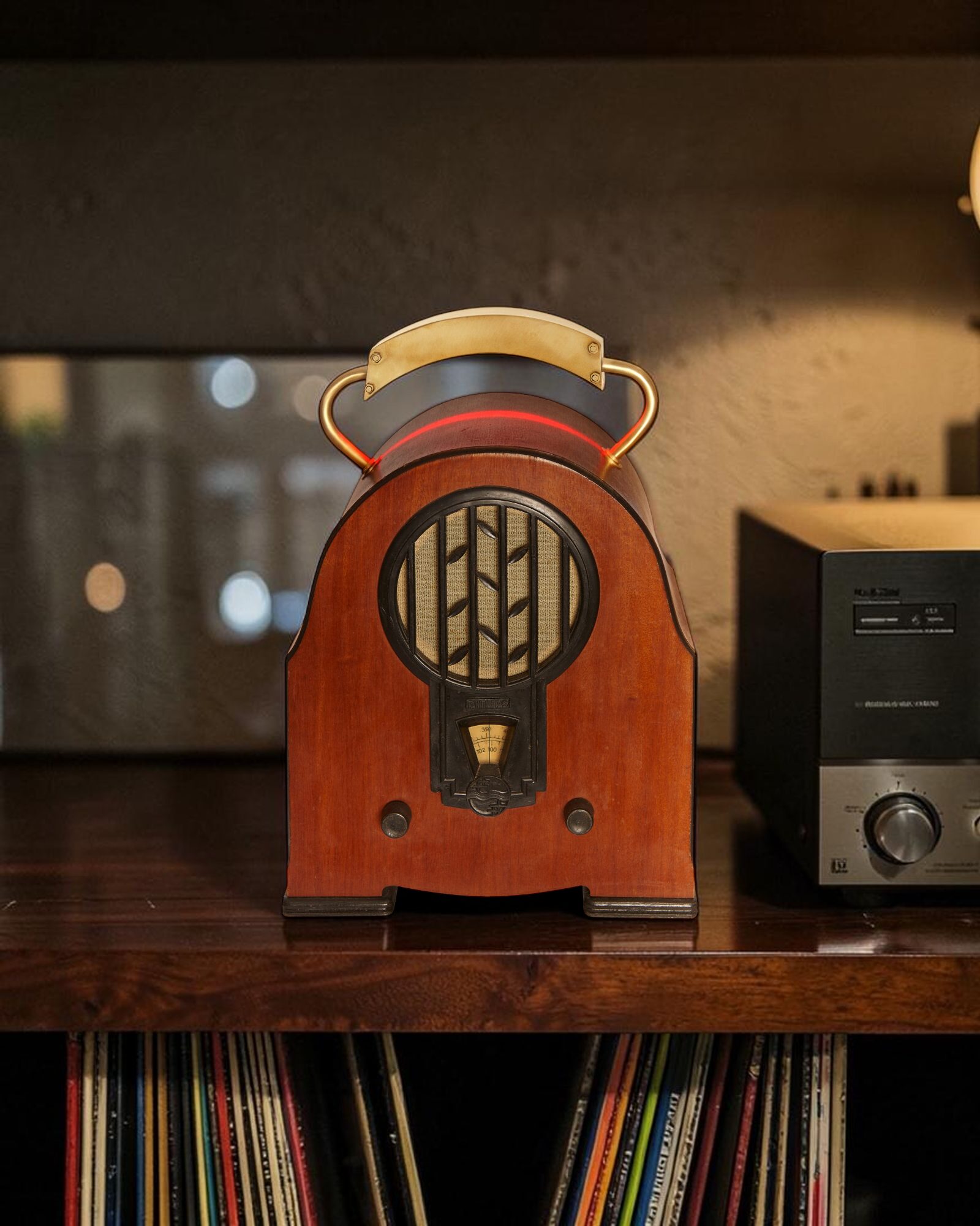 Shuki FM radio lamp on a bar shelf above a row of records