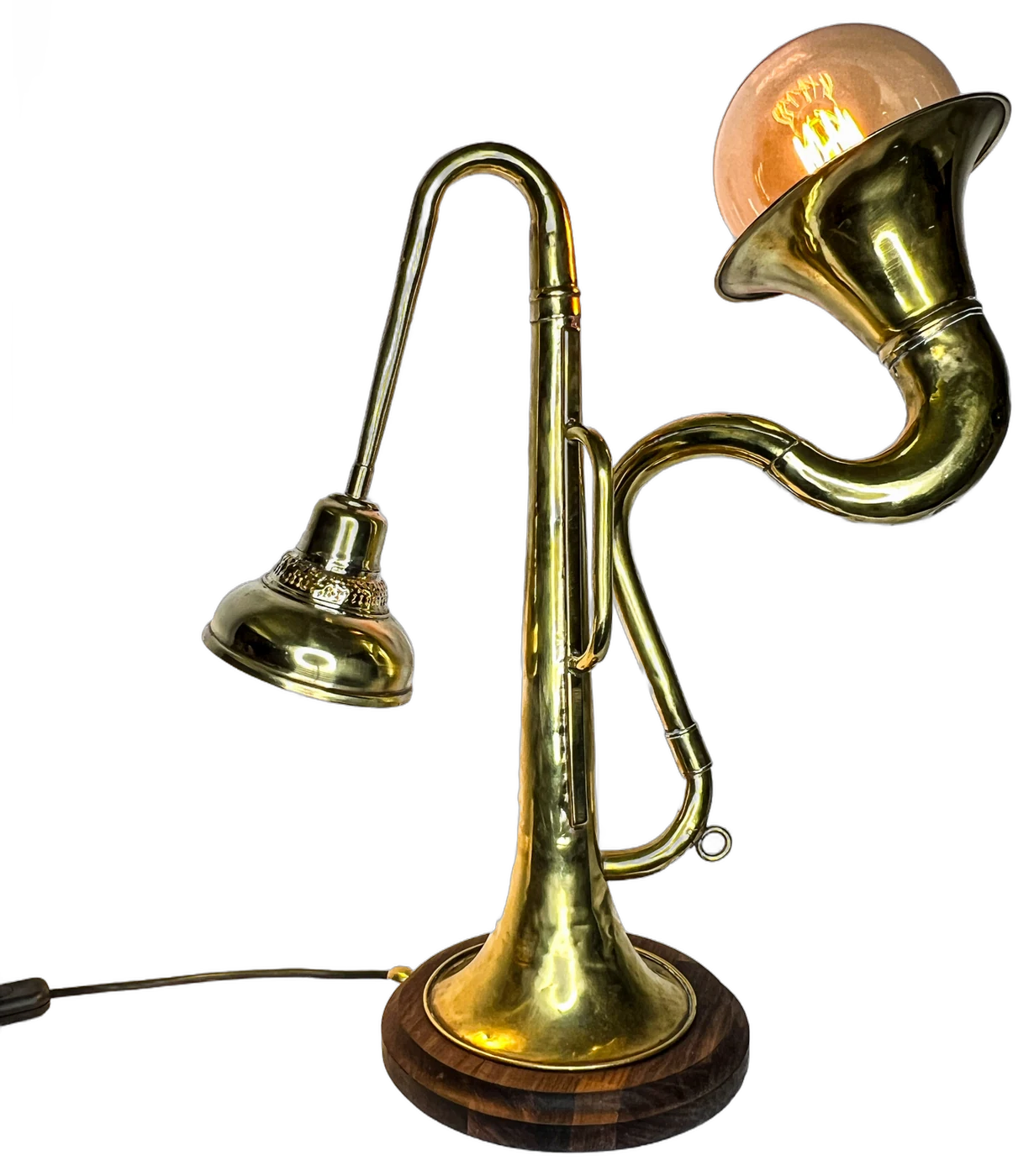 Trumpet Bouquet, Once two brass instruments, now a table lamp.