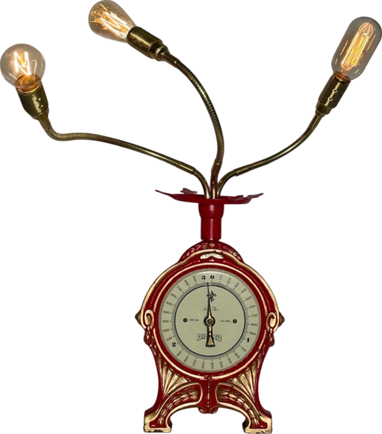 Red Weight, Once a kitchen scale weight, now a table lamp.