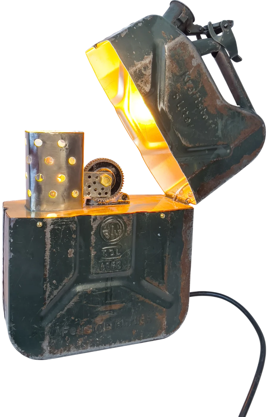 Zippo Gas Tank Lamp in the studio, switched on