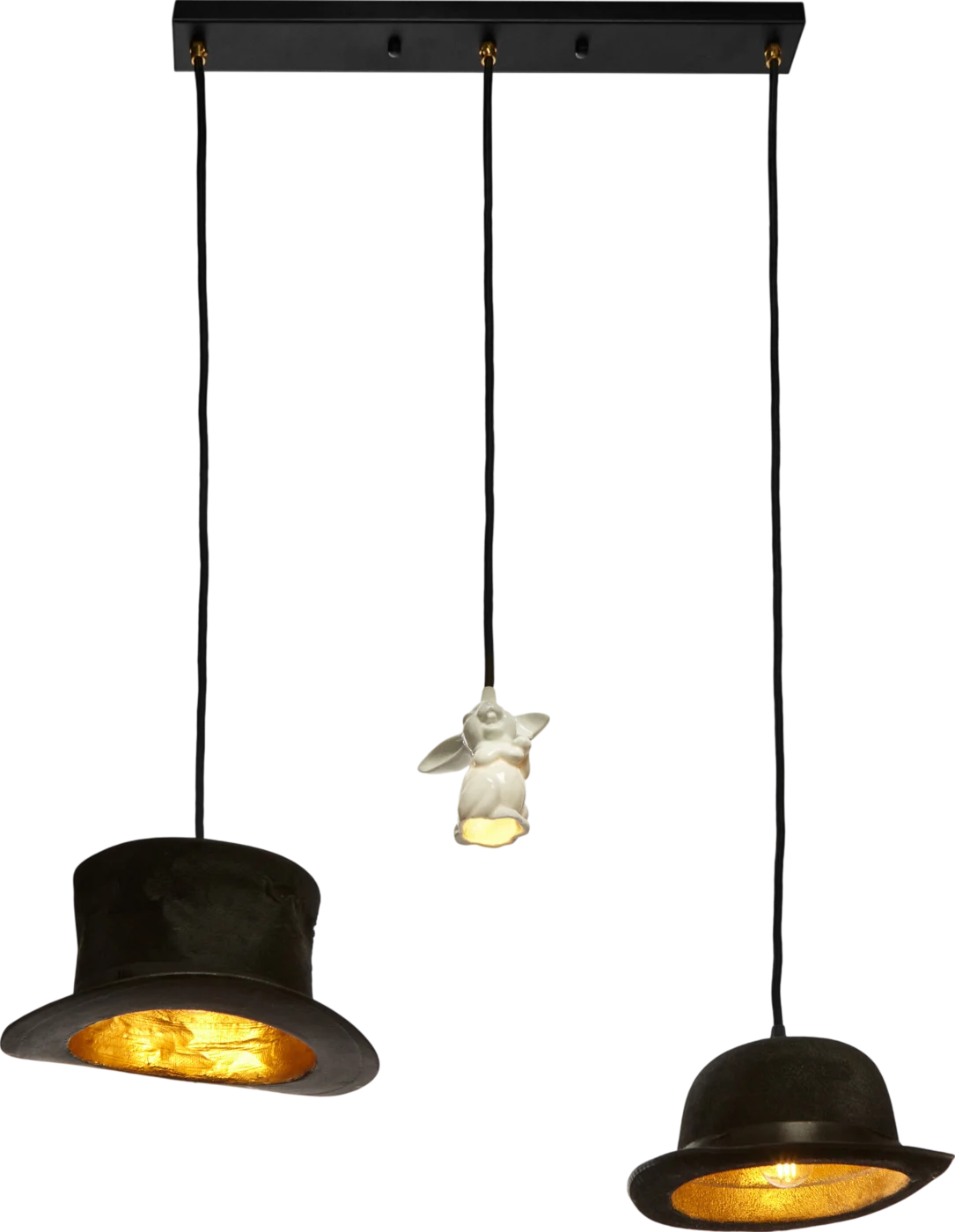 Mad Hatter Chandelier, Once two hats and a porcelain rabbit, now a chandelier.