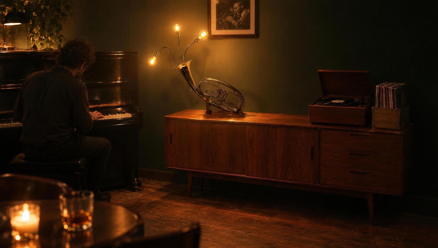 Tuba in a staged room: On a sideboard in a jazz bar, beside the piano. The lamp is 100 cm tall.
