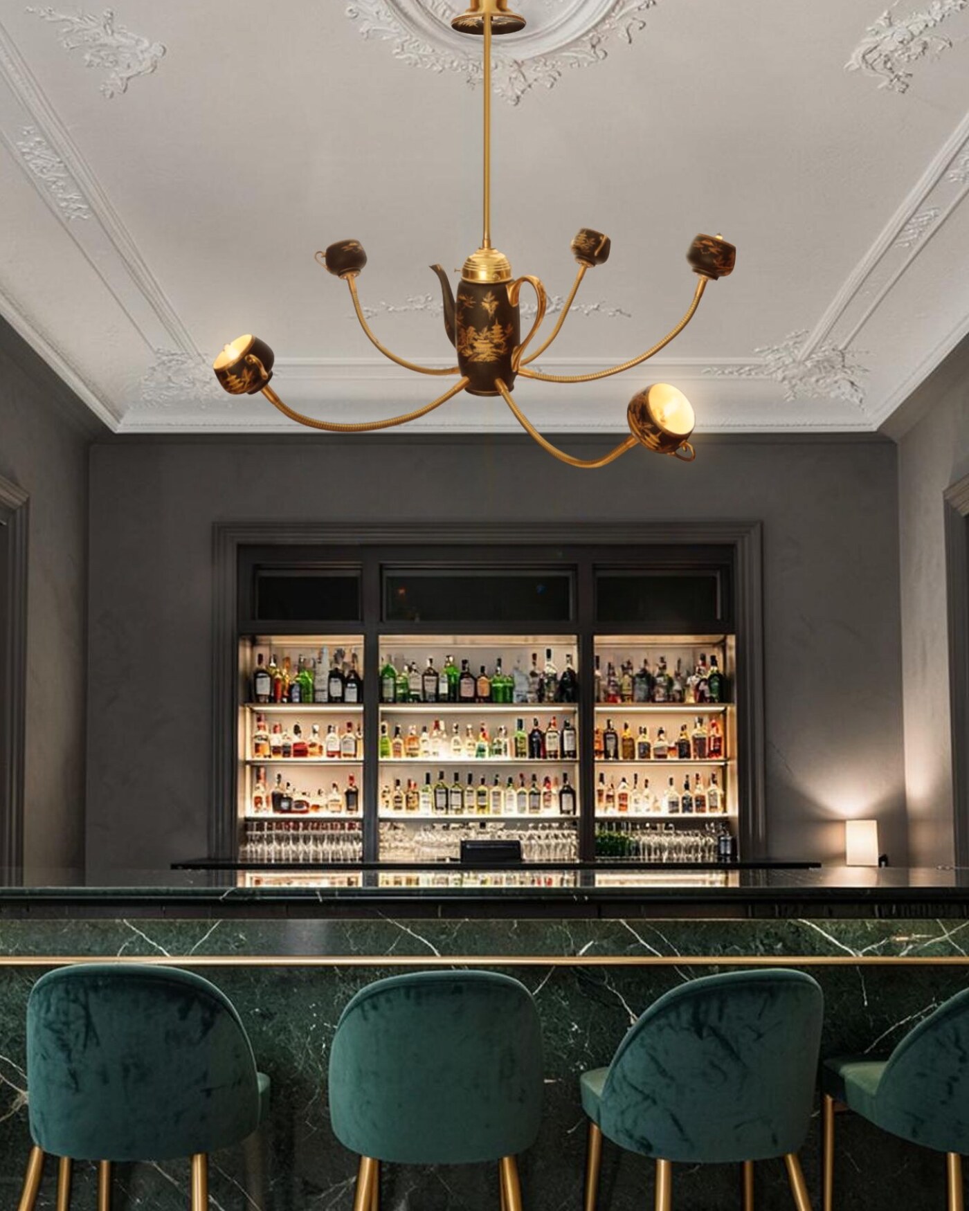 The Empress over a hotel bar with a stucco ceiling, bottles lit behind