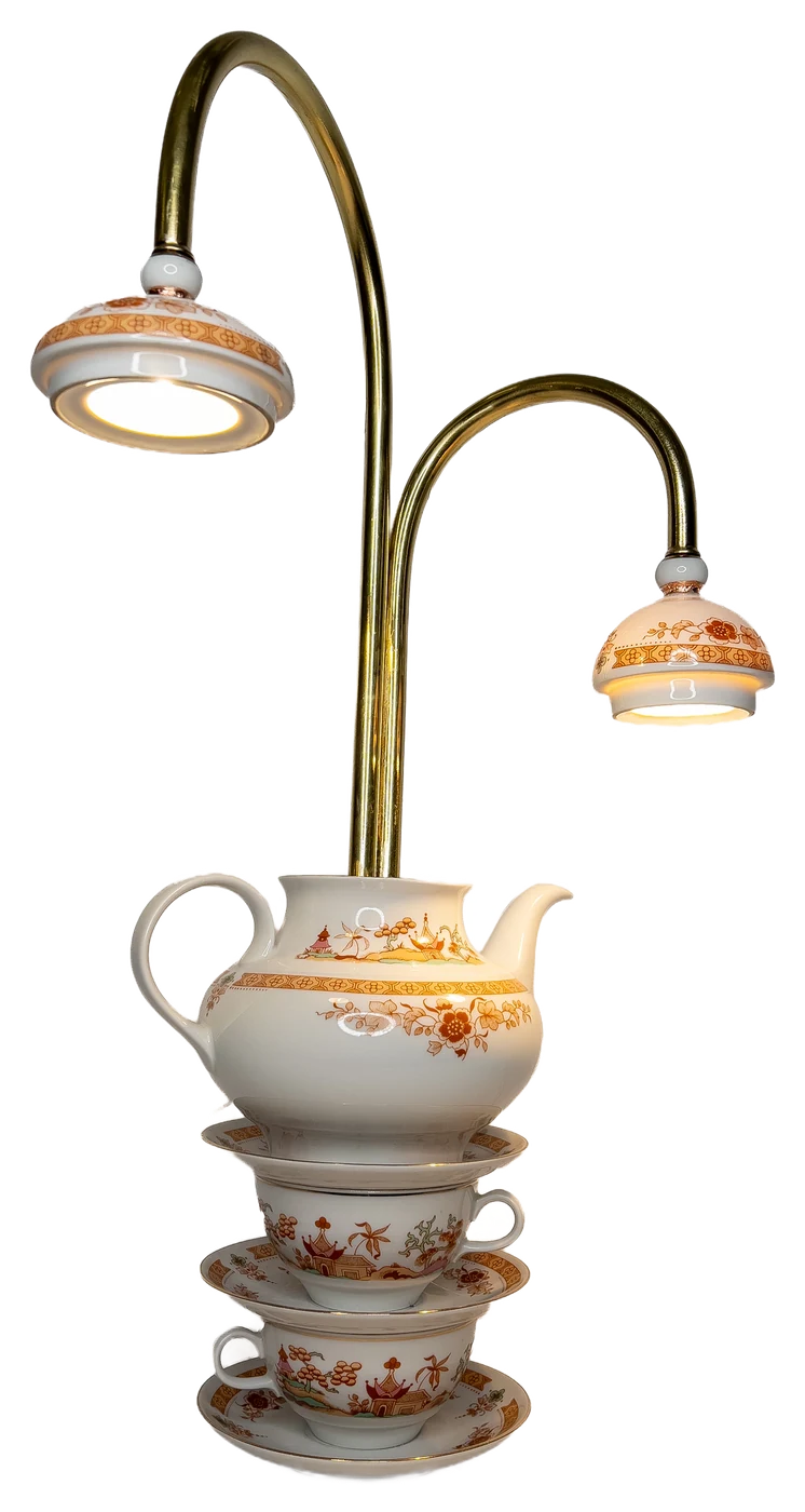 Porcelain Teapot Lamp in the studio, switched on