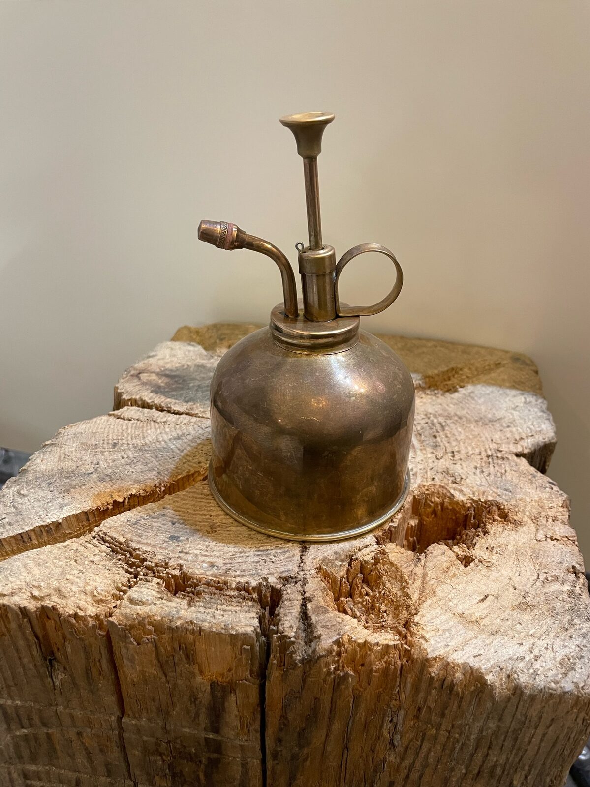 Dancing Sprayer Lamp before: Brass plant mister standing on a stump, daylight