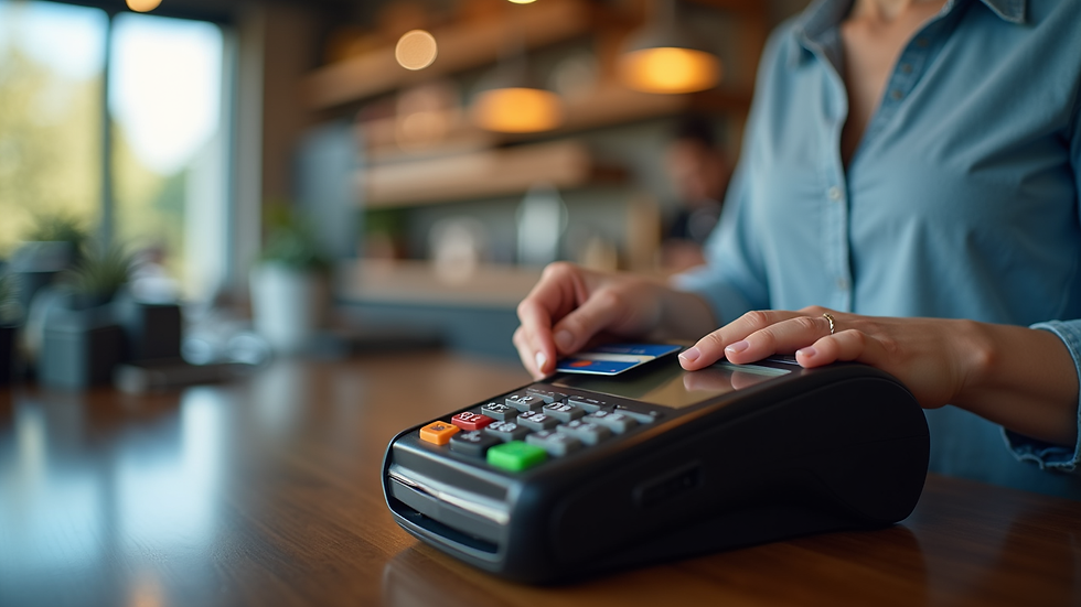 Eye-level view of a secure payment terminal with a card reader