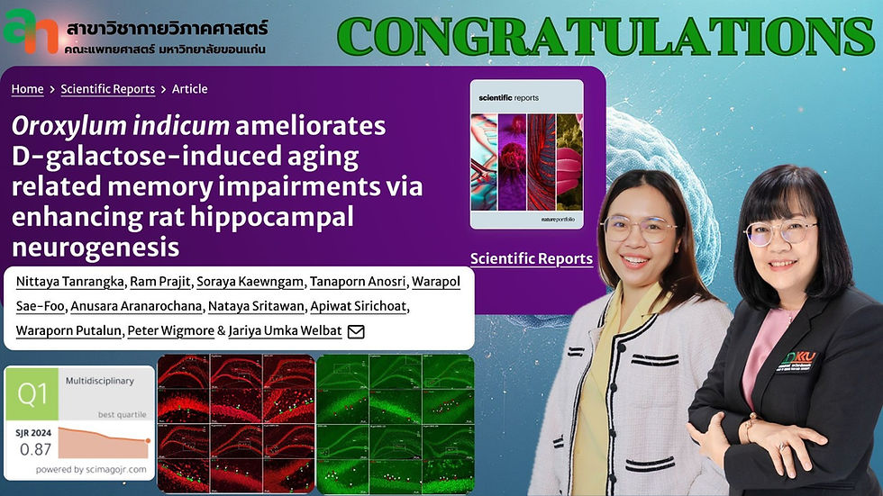 อาจารย์สาขากายวิภาคศาสตร์ได้รับการตีพิมพ์ เรื่อง Oroxylum indicum ameliorates D-galactose-induced aging related memory impairments via enhancing rat hippocampal neurogenesis