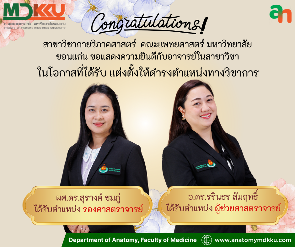 สาขาวิชากายวิภาคศาสตร์ ขอแสดงความยินดีต่อคณาจารย์ในสาขาวิชา ที่ได้รับการแต่งตั้งให้ดำรงตำแหน่งทางวิชาการ