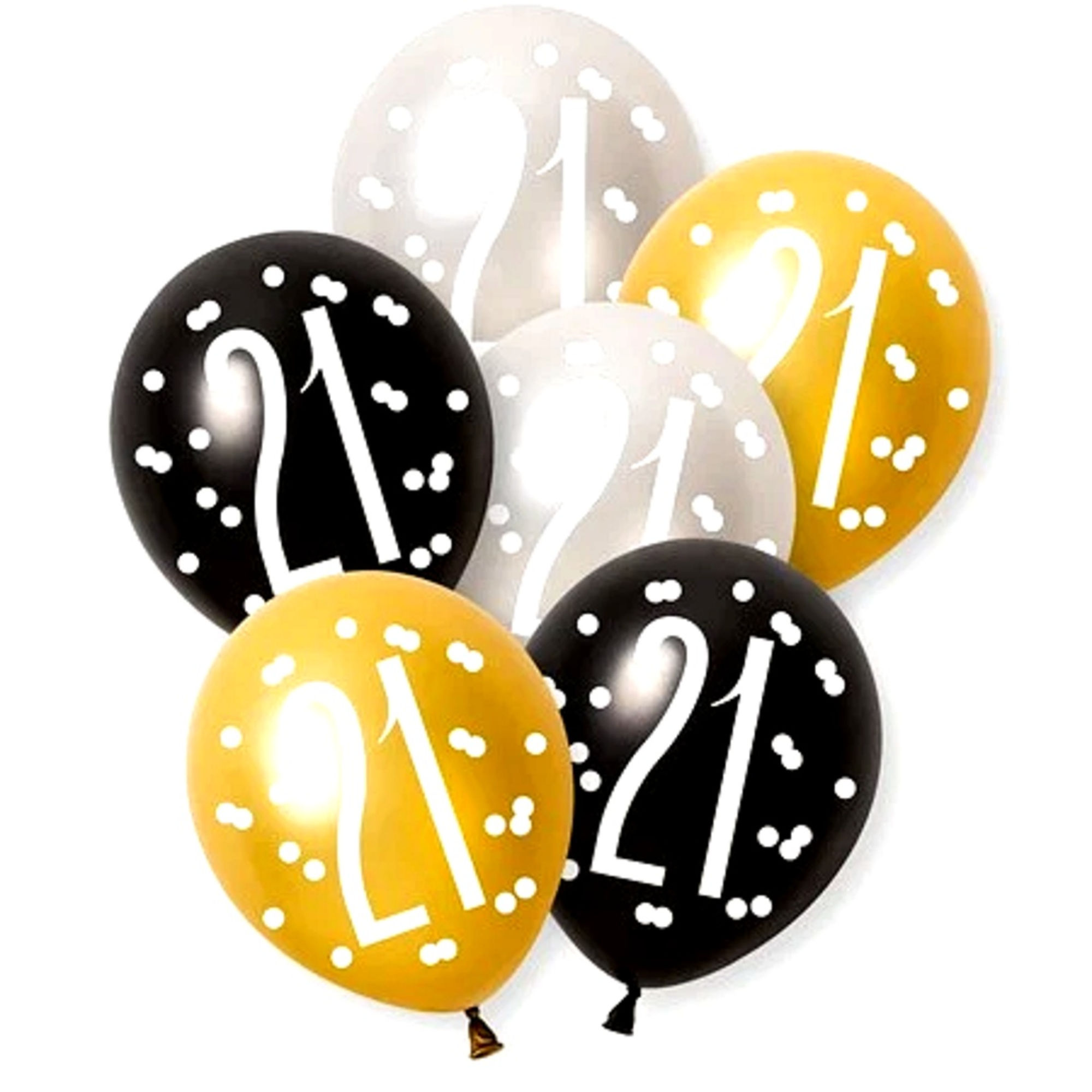 21st  Birthday Balloons – Pack of 6 Gold, Black &amp; Silver